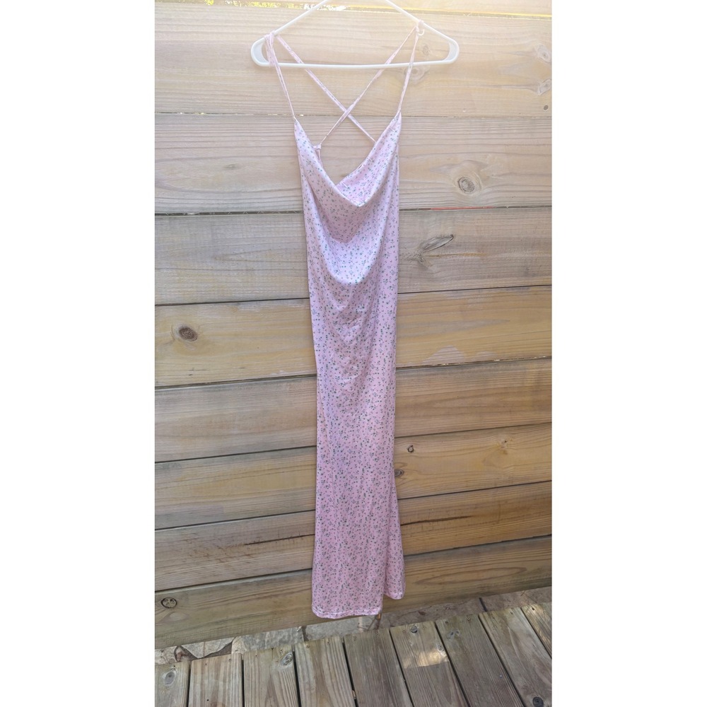 Shein Pink Floral Cowl Neck Lace Up Back Maxi Dress Small sz2402224721303